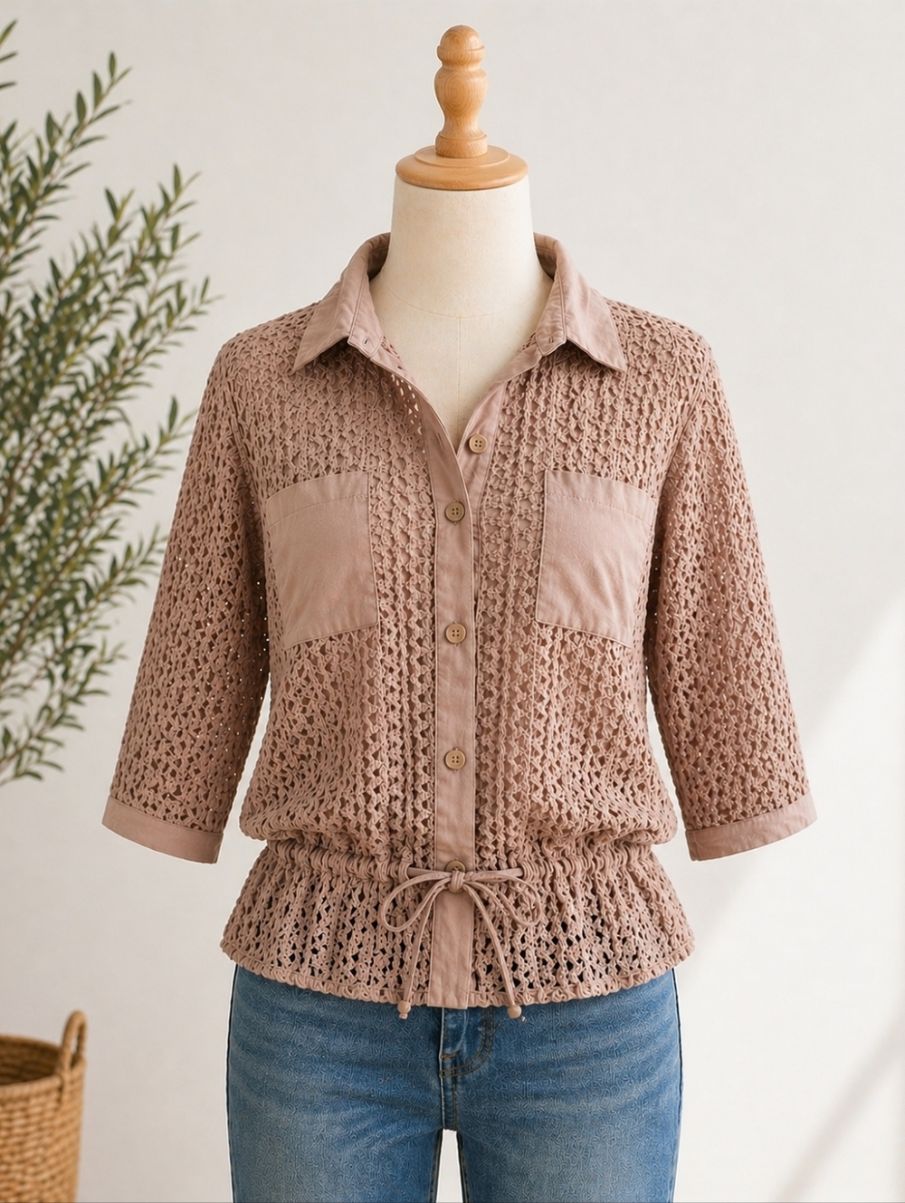 Donna Toran Crochet Button Down Top Large Khaki Tan Boho 3/4 Sleeve Drawstring